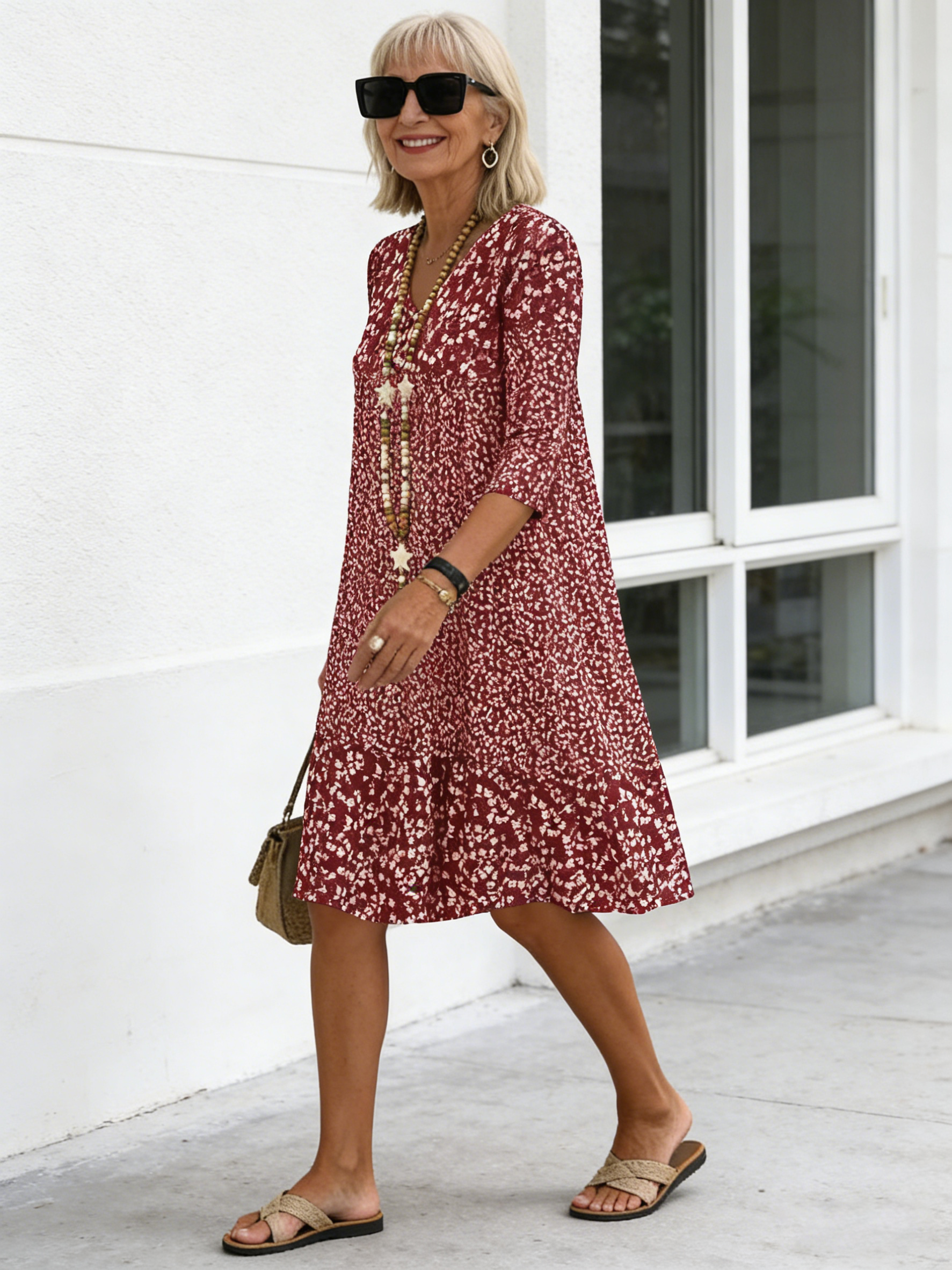 Bohemian Floral Print Half Sleeve V-neck Mid-Length Dress
