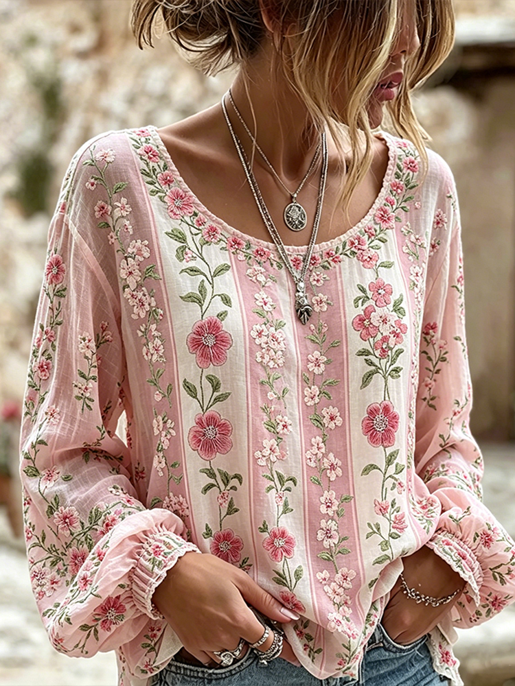 Bohemian Plant Flower Embroidered Pattern Retro Casual Linen Top