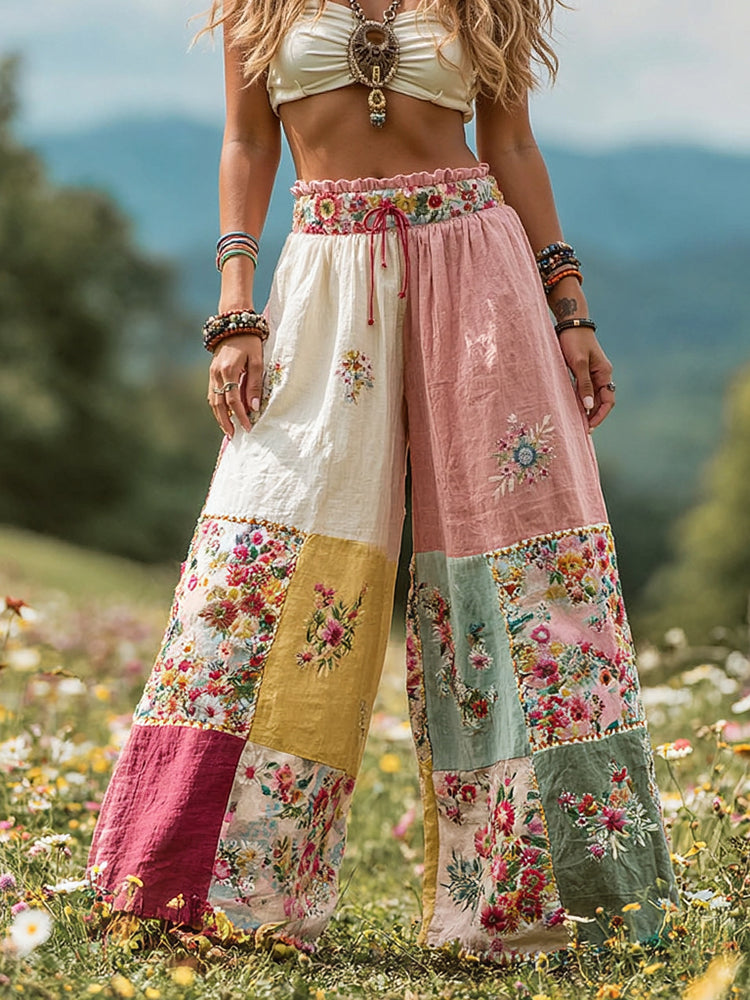 Women's Vintage Floral Patch Art Linen Casual Wide Leg Pants