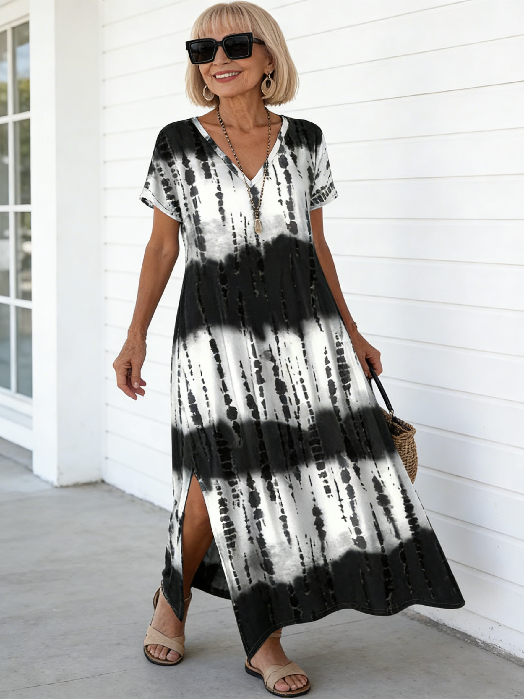Tie Dye V-neck Dress, Elegant Split Short Sleeve Dress For Spring & Summer, Women's Clothing