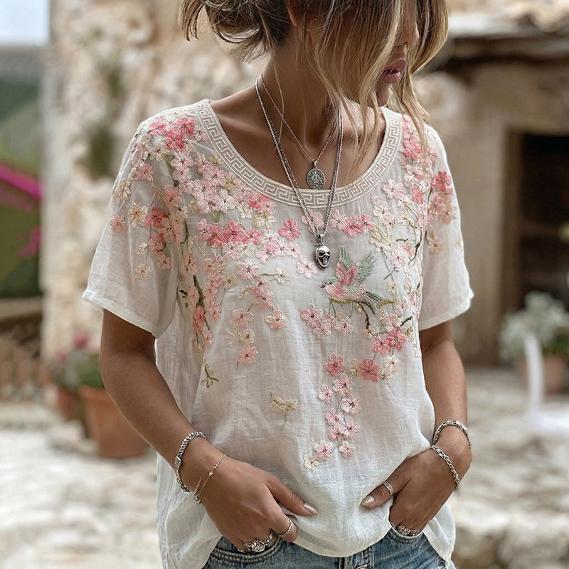 Women's Japanese Floral And Bird Art Round Neck Short Sleeve T-shirt