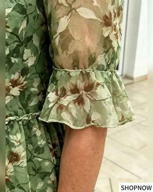 Green Floral Chiffon Tiered Midi Dress, V-Neck Frog Button Ruffle Short Sleeve Loose Casual Dress for Mature Women