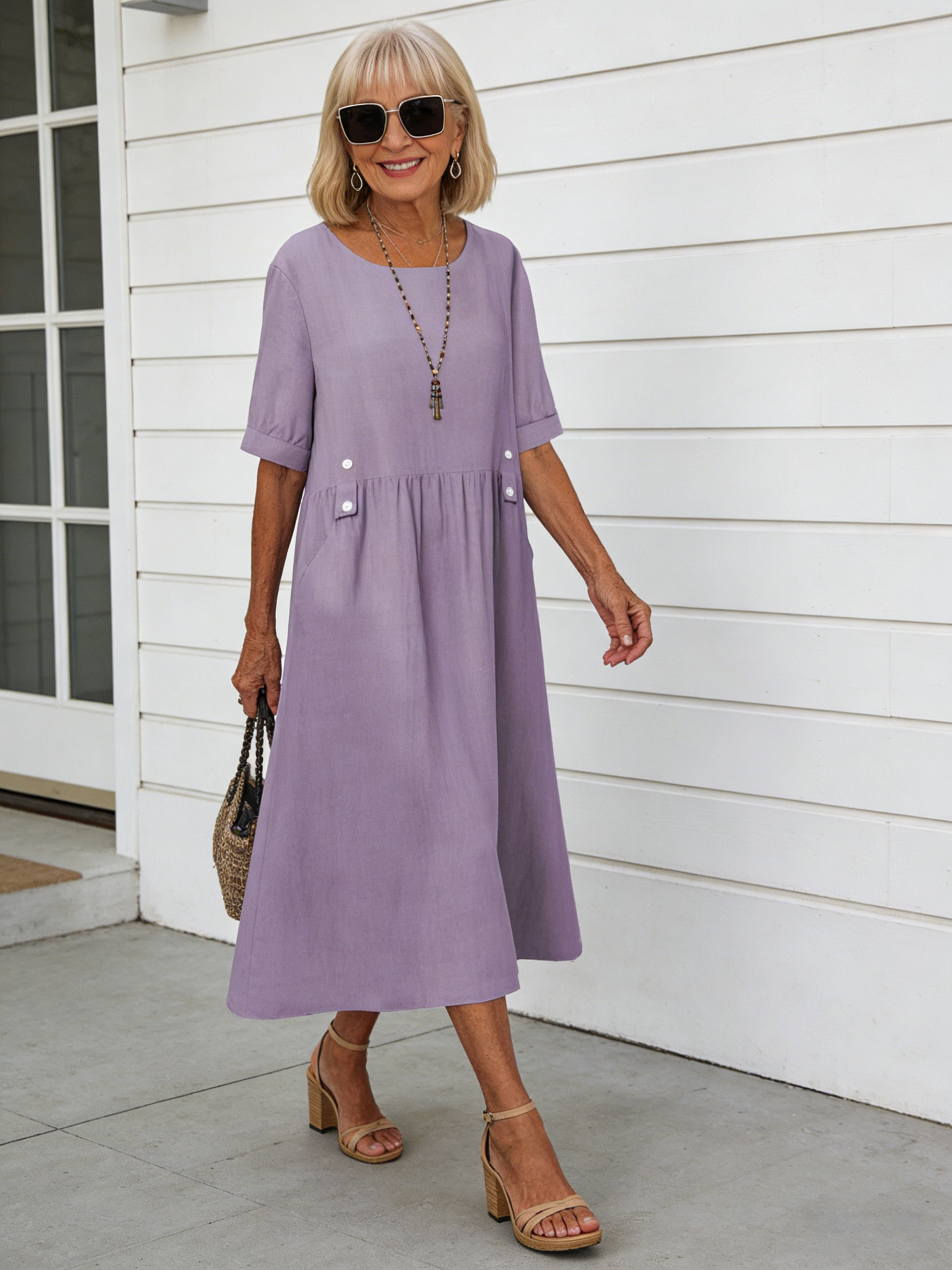 Short Sleeve Cotton Linen round-Neck Loose Mid-Length plus Size Dress