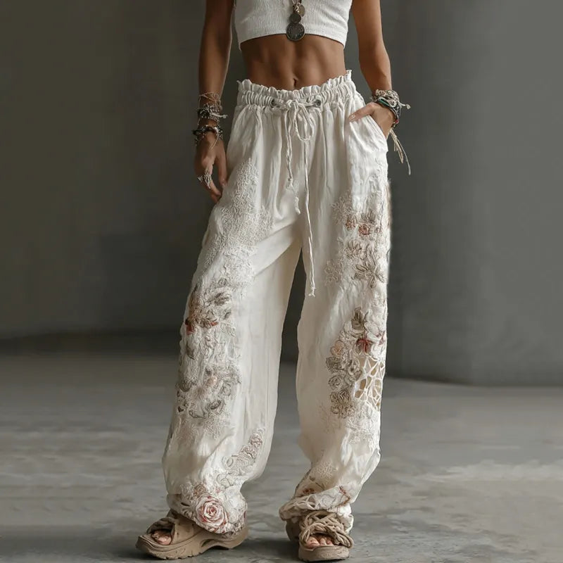 Japanese Floral Art Embroidered Casual Linen Pants