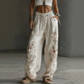 Japanese Floral Art Embroidered Casual Linen Pants