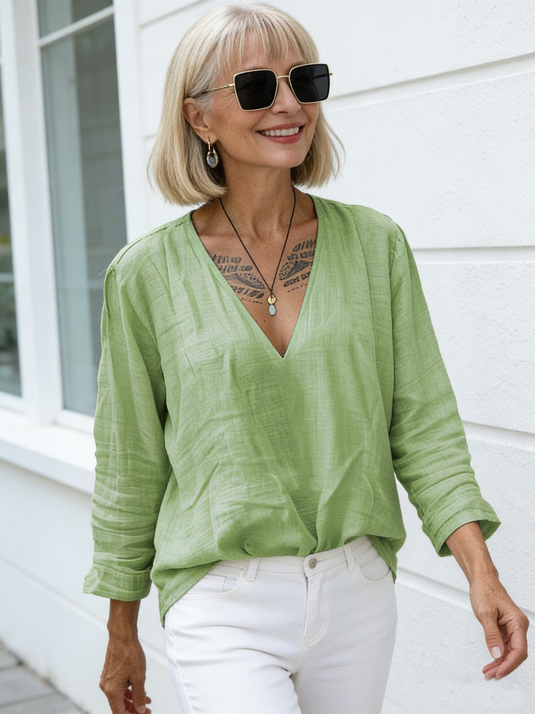 Cotton and Linen Casual V-neck Long-sleeved Loose Pullover Net Color Multi-color Women's Top