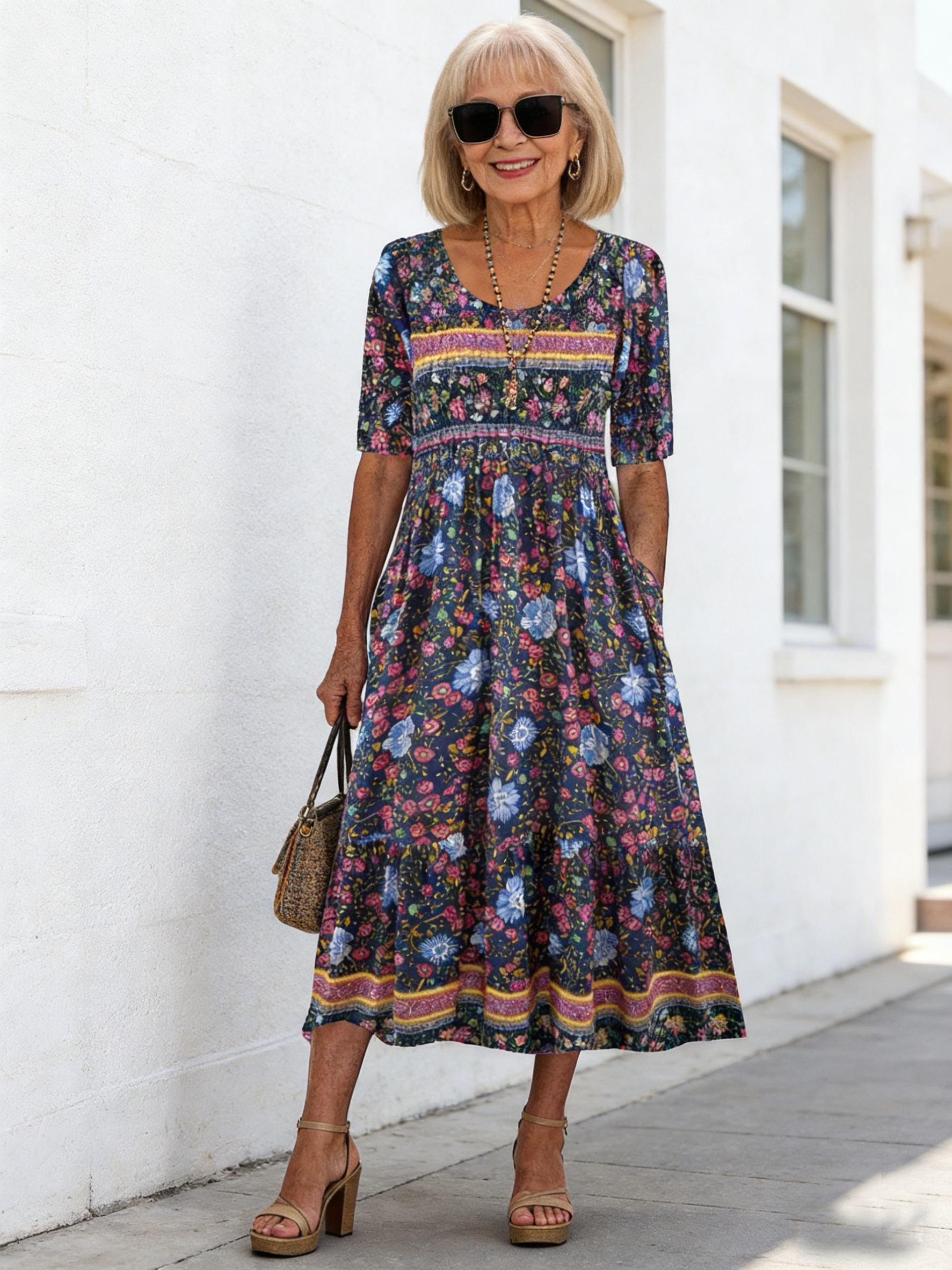 Flower Print Half Sleeve V-Neck Tunic Dress