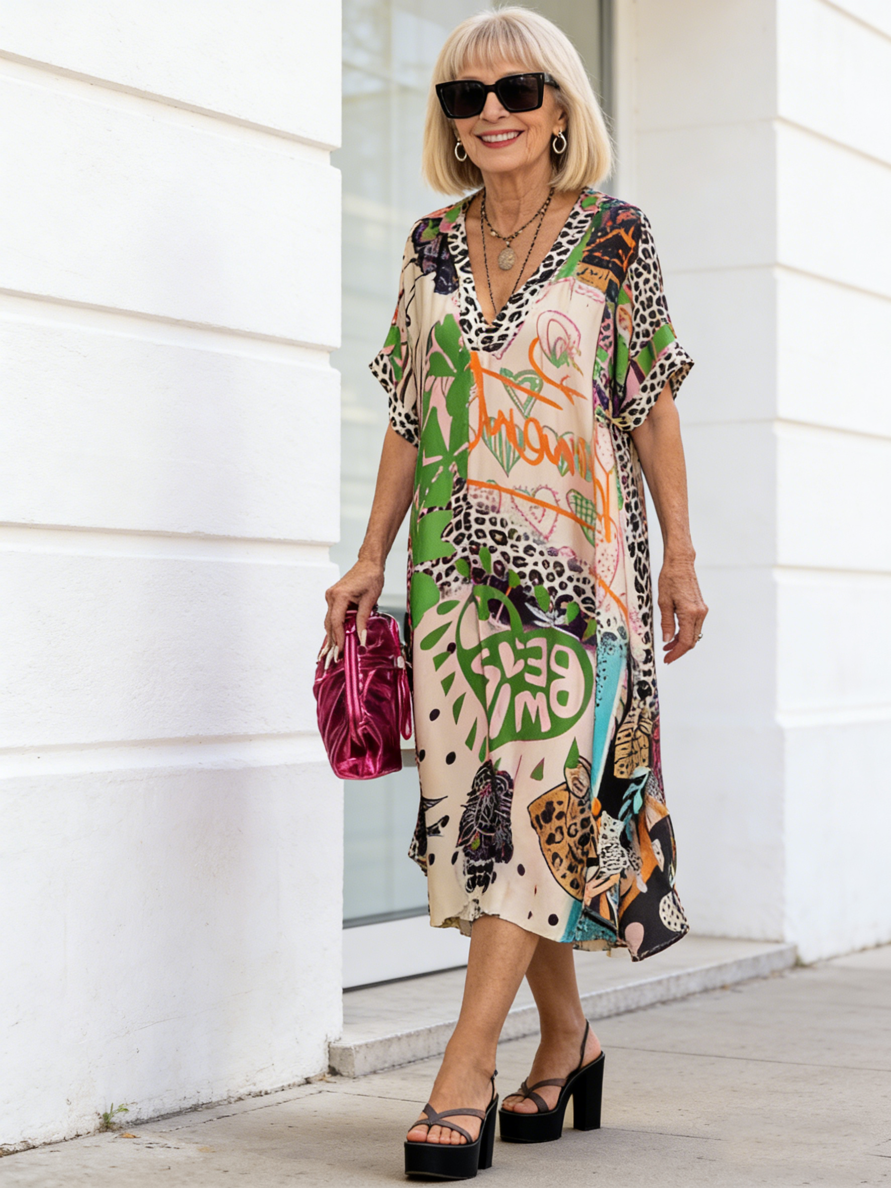 Leopard Print Color Print Deep V Dress