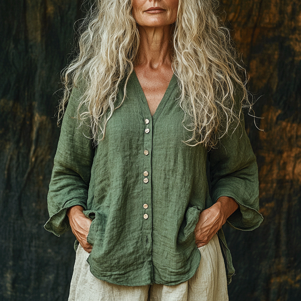 Women's Linen Ethnic Plain-sleeve Shirt