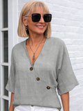 Top V-neck Solid Color Shirt Cotton and Linen