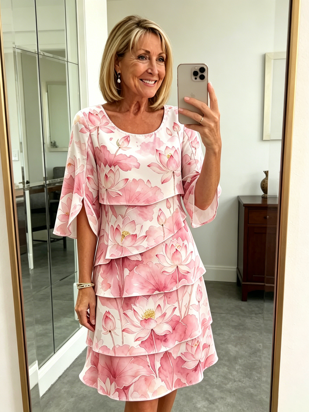 Chiffon Lotus Vacation Prints Color Round Neck Cake Skirt Splicing Dress Mid-length