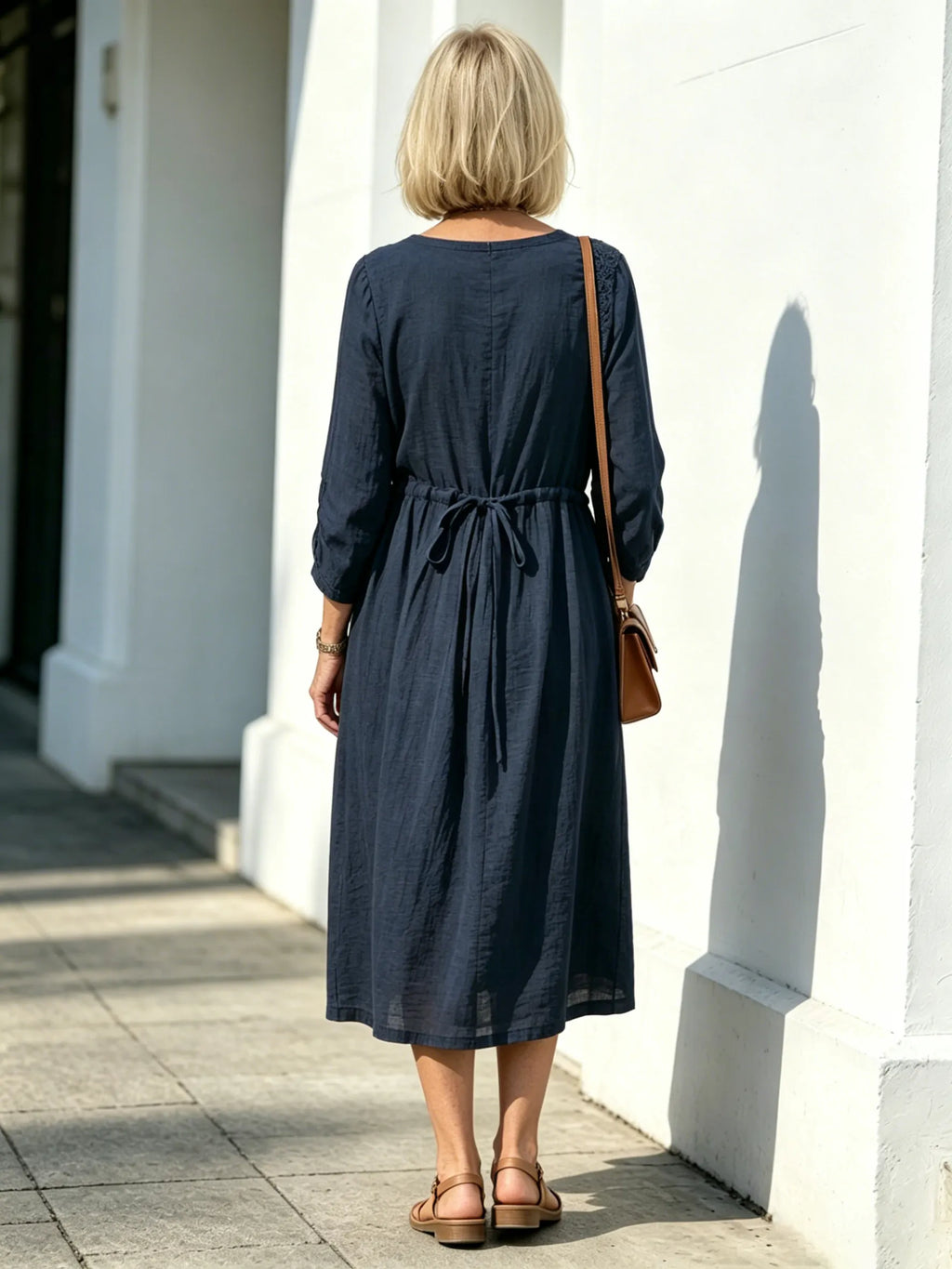 Embroidered Seven-quarter-sleeved Dress for Women's Loose and Thin Lace-up Waist Mid-length Dress