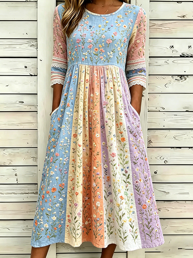 Women's Colorful Floral Art Embroidery Patchwork Comfortable Linen Blend Round Neck Dress