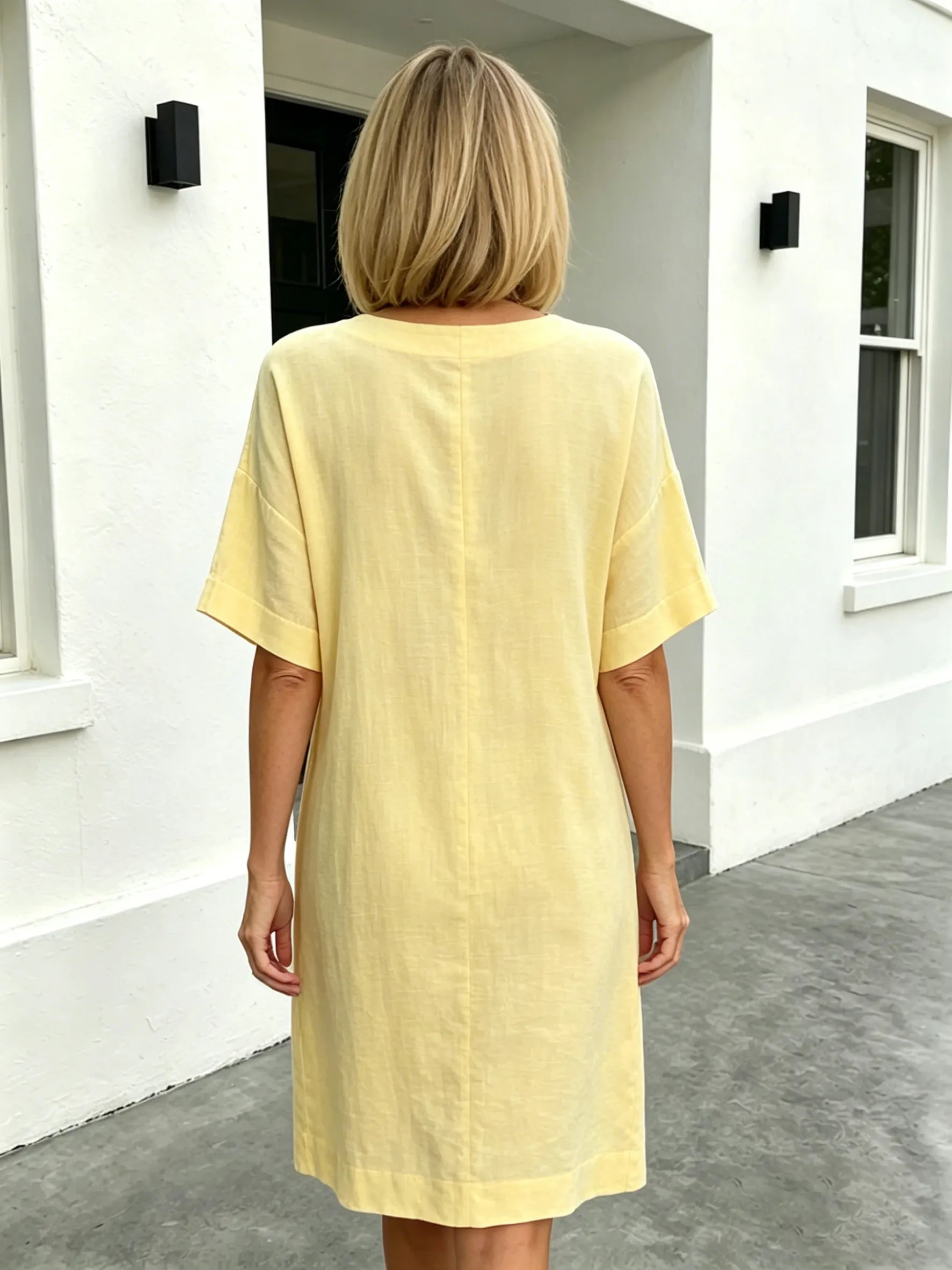 Short Sleeve V-Neck Cotton and Linen Loose Summer Dress