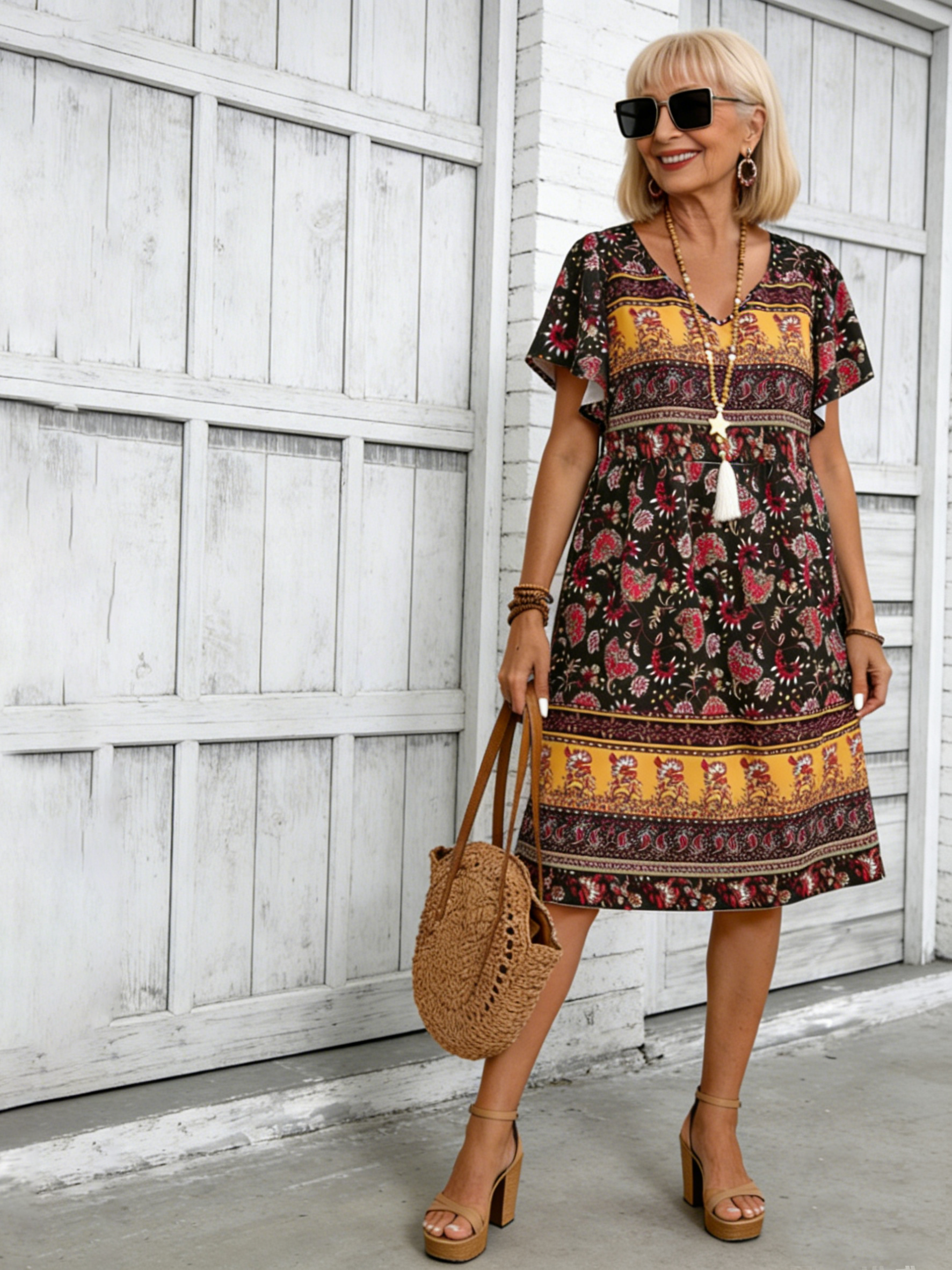 BOHO Floral Print Short-sleeved Pullover Round Neck Casual Medium-length Dress
