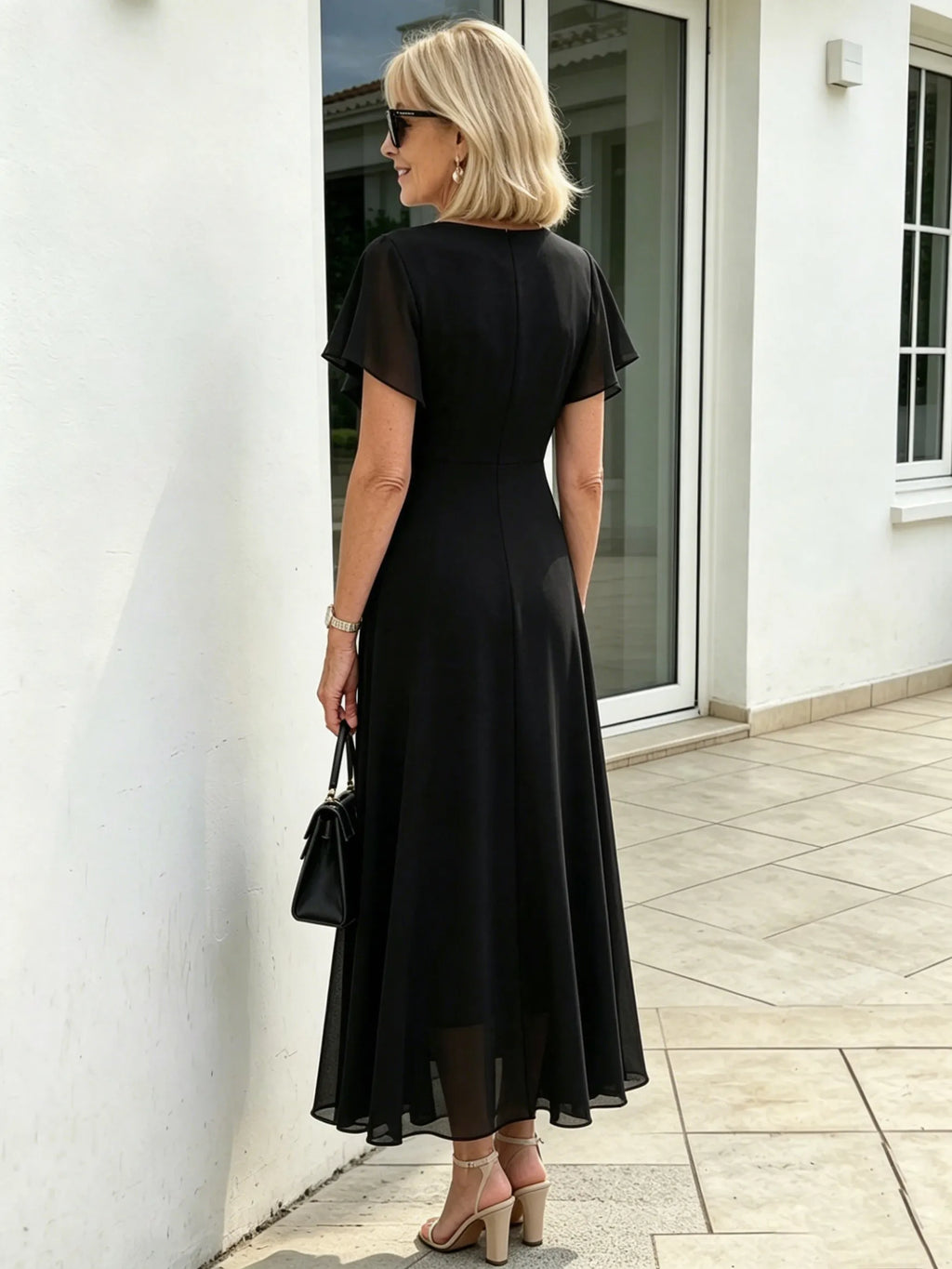 Black Ruffle Cape Sleeve Chiffon Maxi Dress, Round Neck Waist Defined Flowy Big Swing Hem Elegant Formal Dress