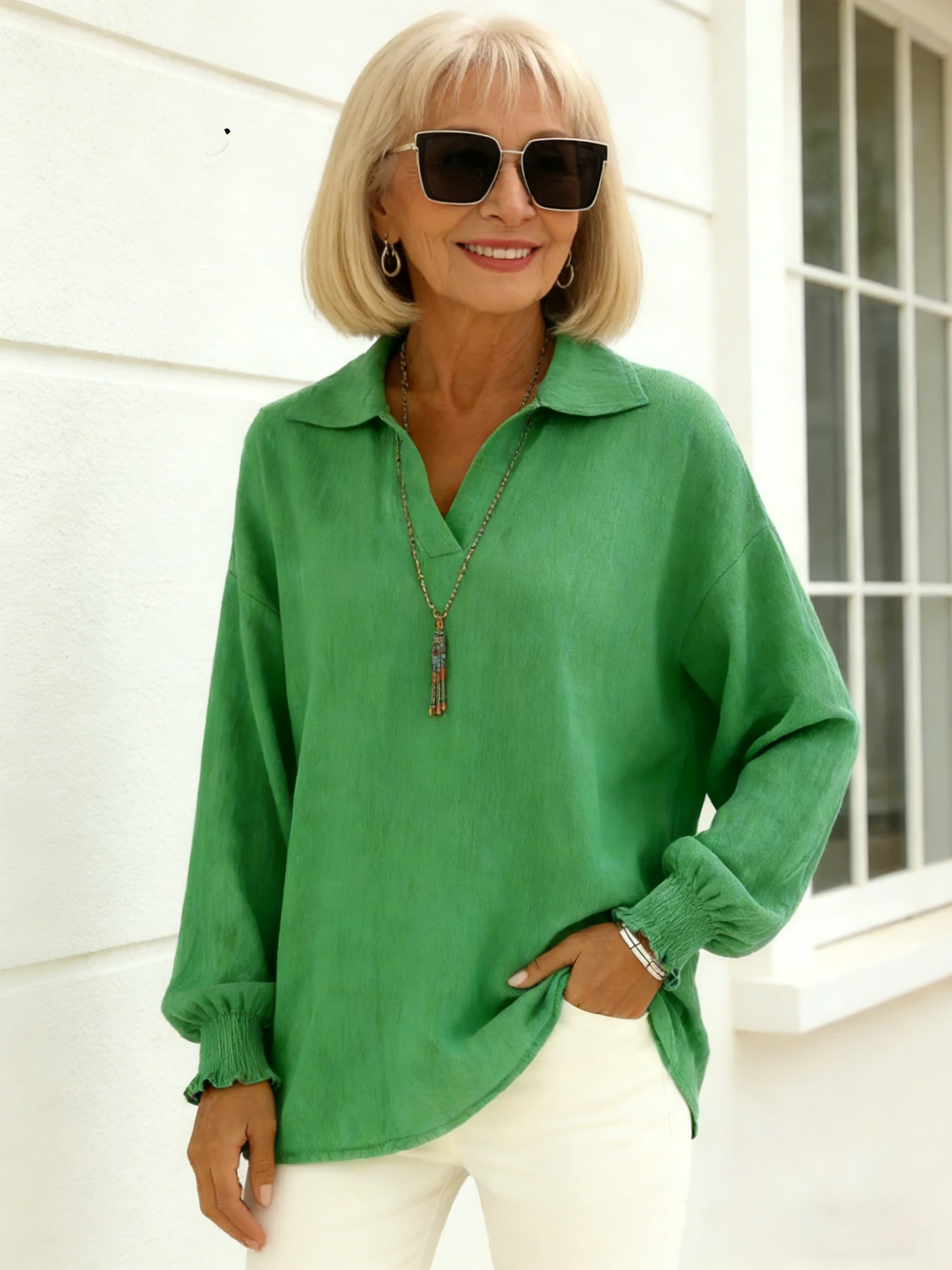 Pure Cotton Solid Color Casual Loose Fashion Lapel Long-sleeved Top