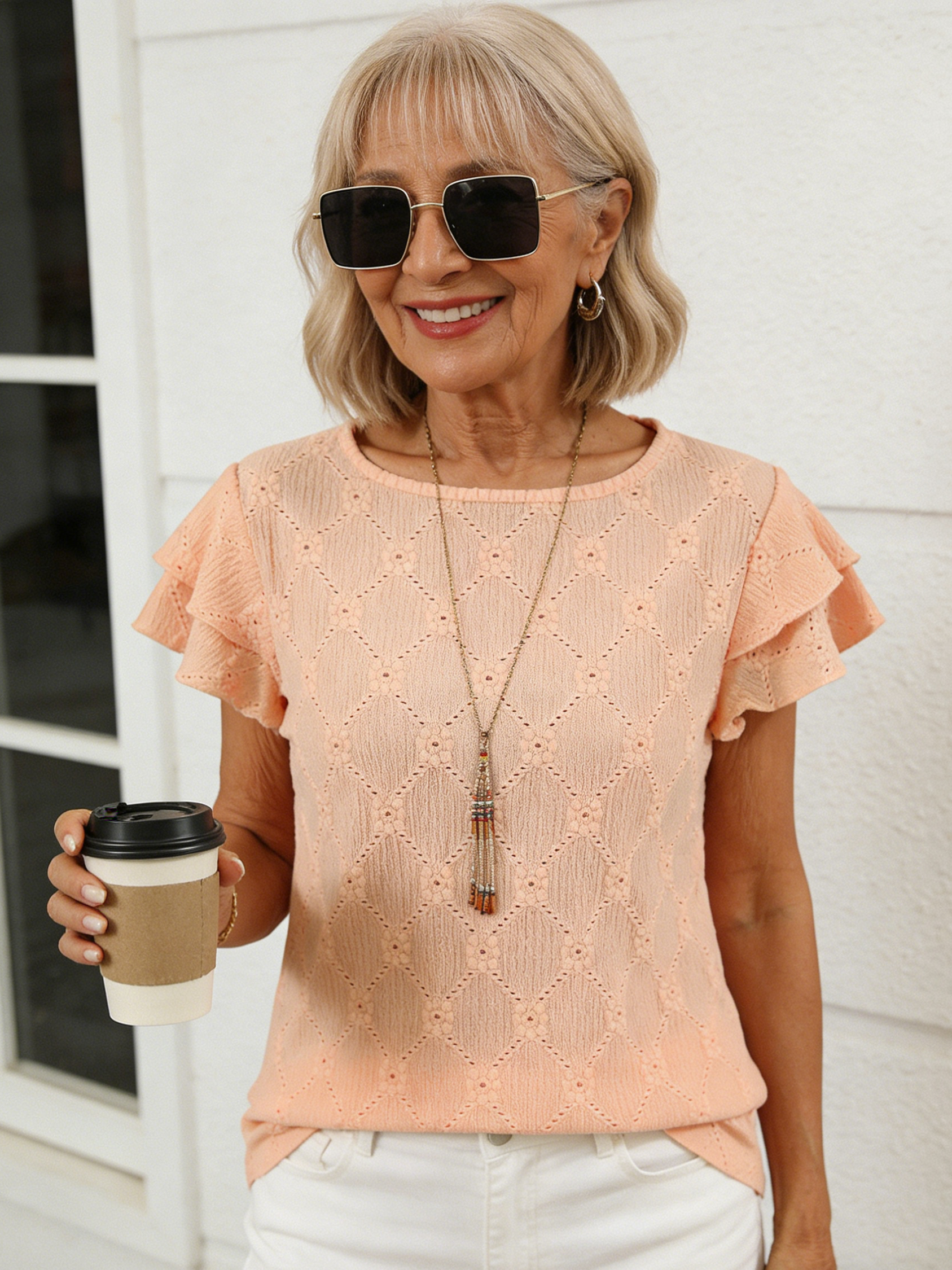 Solid Color Round Neck Short-sleeved T-shirt Hollow Top