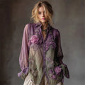 Vintage Roses Fiber Art Embroidered Contrast Flowy Linen Blouse