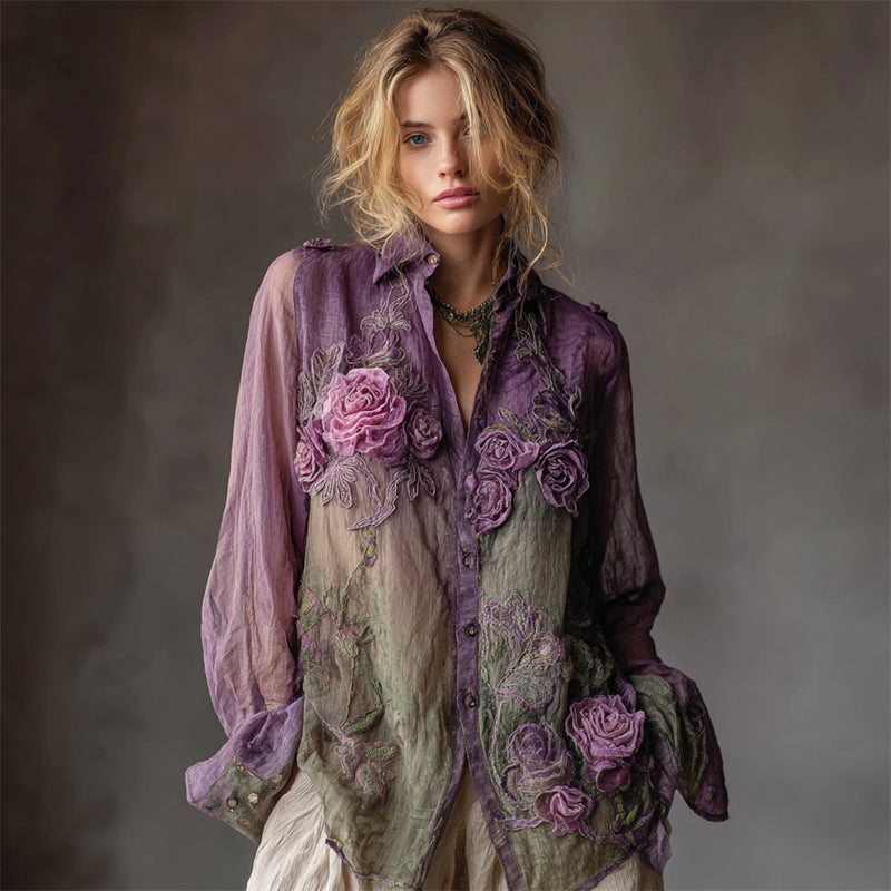Vintage Roses Fiber Art Embroidered Contrast Flowy Linen Blouse