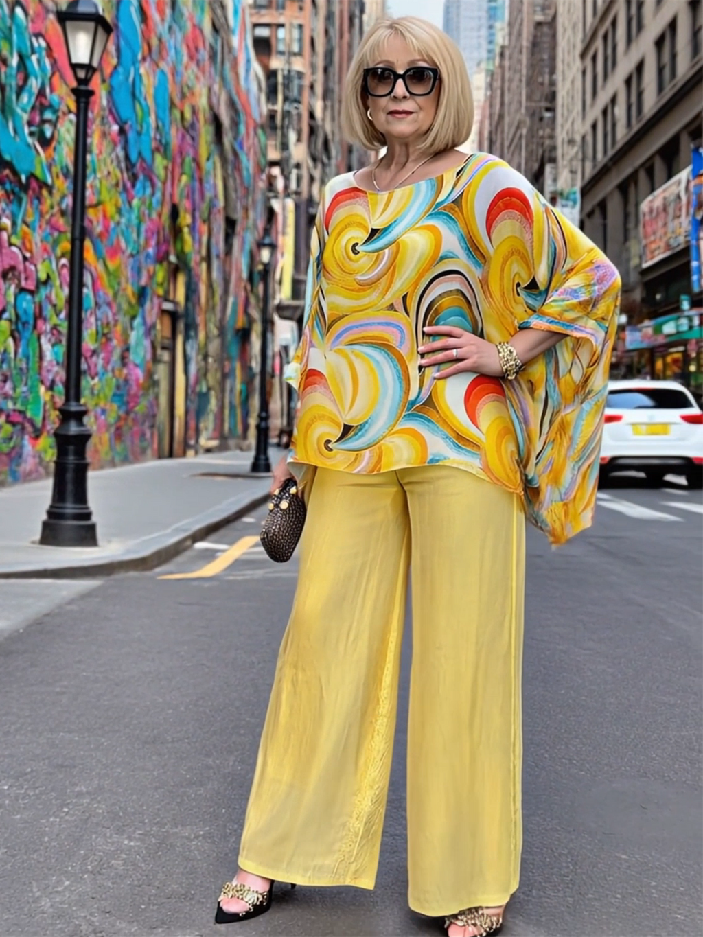 2Pcs Color Chiffon Set Casual Crew Neck Printed Two-piece Set Women