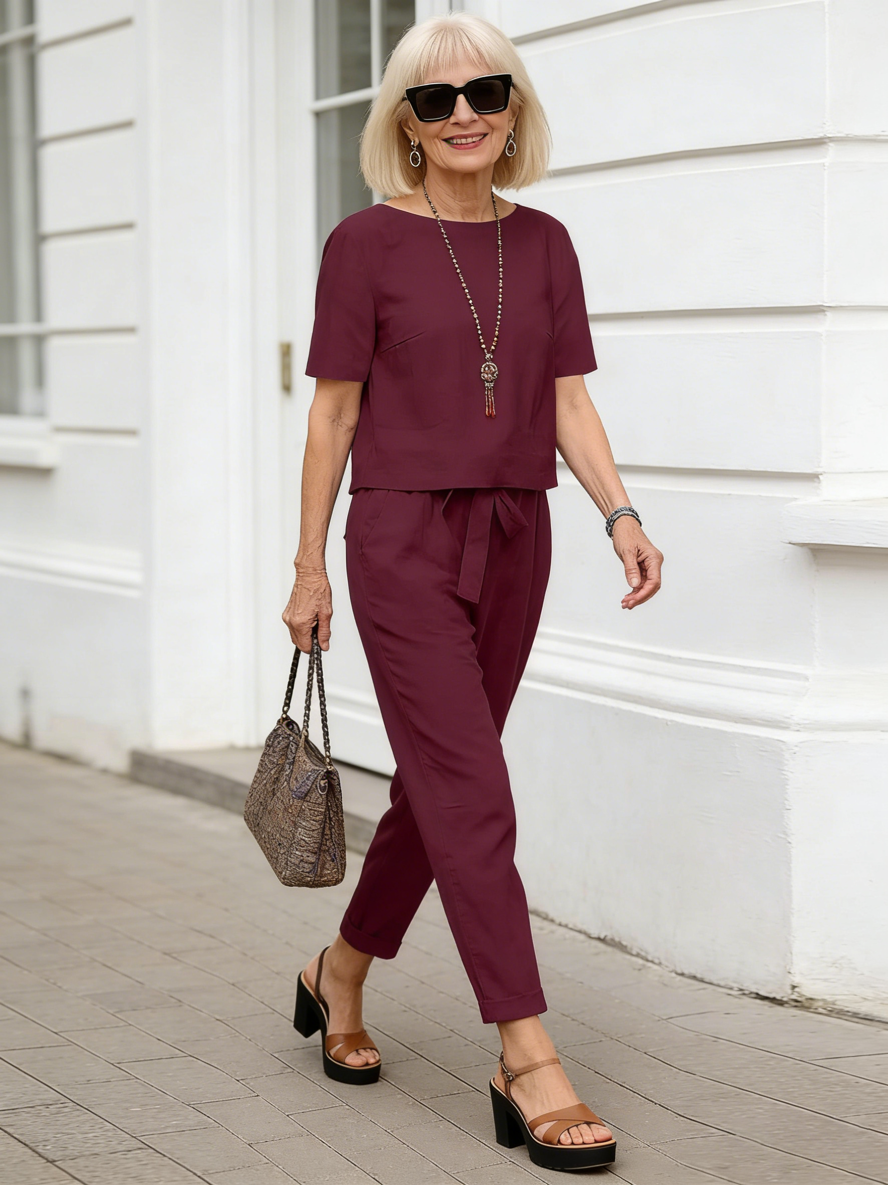 2Pcs Summer Fashion Solid Color Short-Sleeved Trousers Two-Piece Suit (Including Belt)