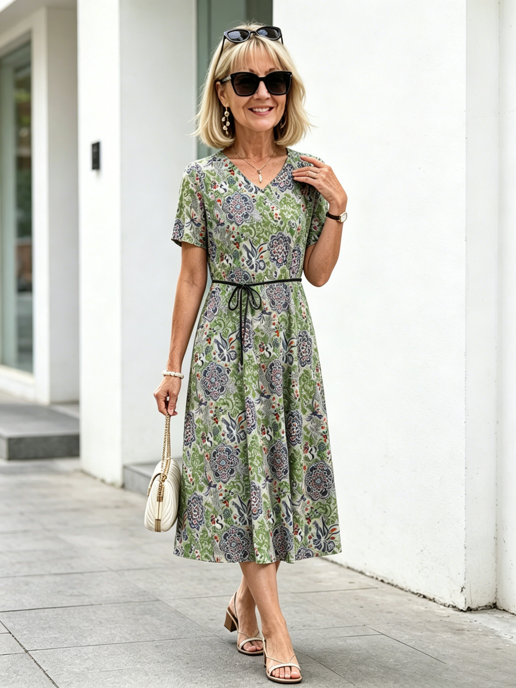 Orange Floral V-Neck Midi Dress, Short Sleeve Elastic Waist Slimming Temperament Long Dress for Mature Women