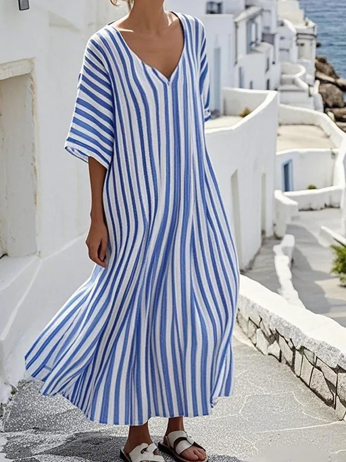 Women'S Casual Cotton And Linen Holiday Striped Pattern Print Dress