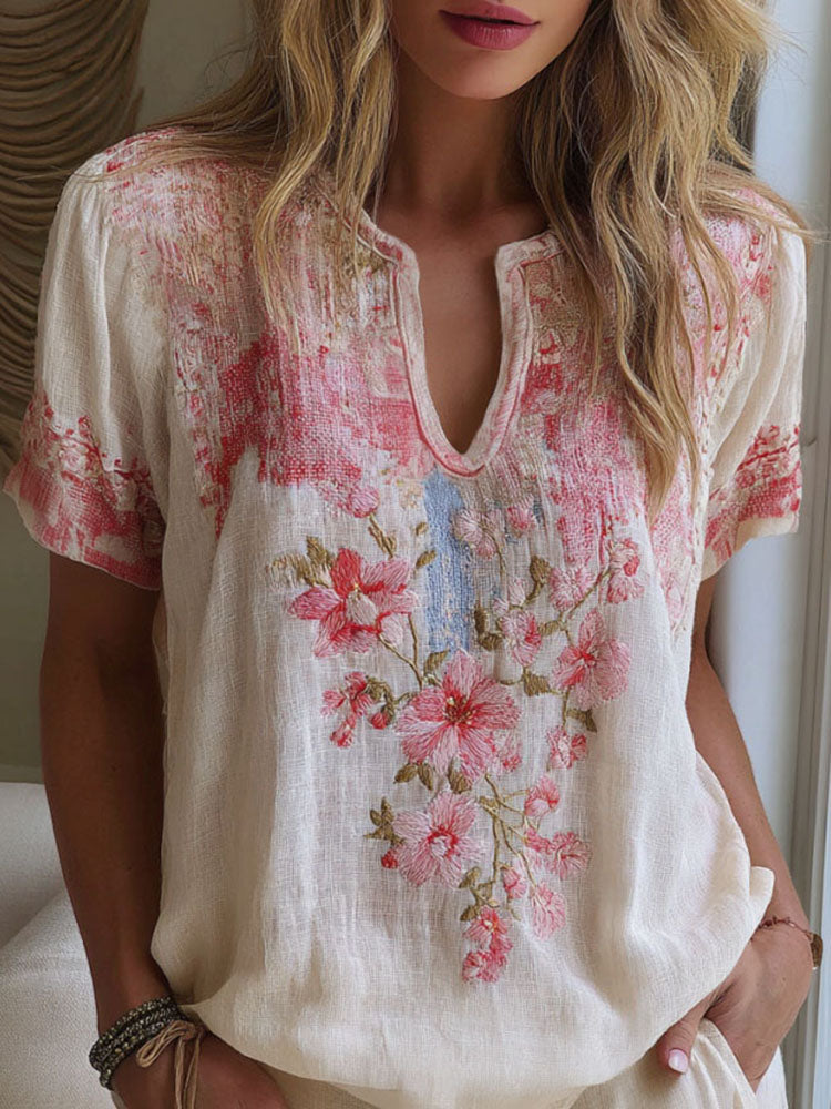 Women's Floral Embroidery Casual Cotton Linen T-shirt
