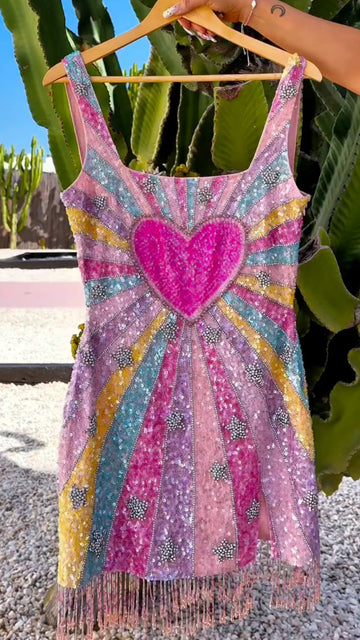 Colorful Heart Sequin Fringe Mini Dress