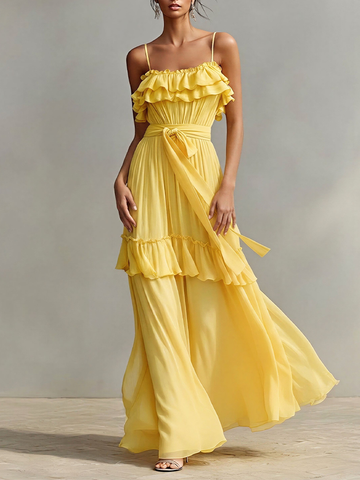 Women's Yellow Chiffon Tiered Maxi Dress With Ruffle Trim & Waist Tie, Timeless Romantic-Chic Evening Dress MDZ2102D4LYL