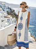Women'S Round Neck Sleeveless Color-Block Printed Dress