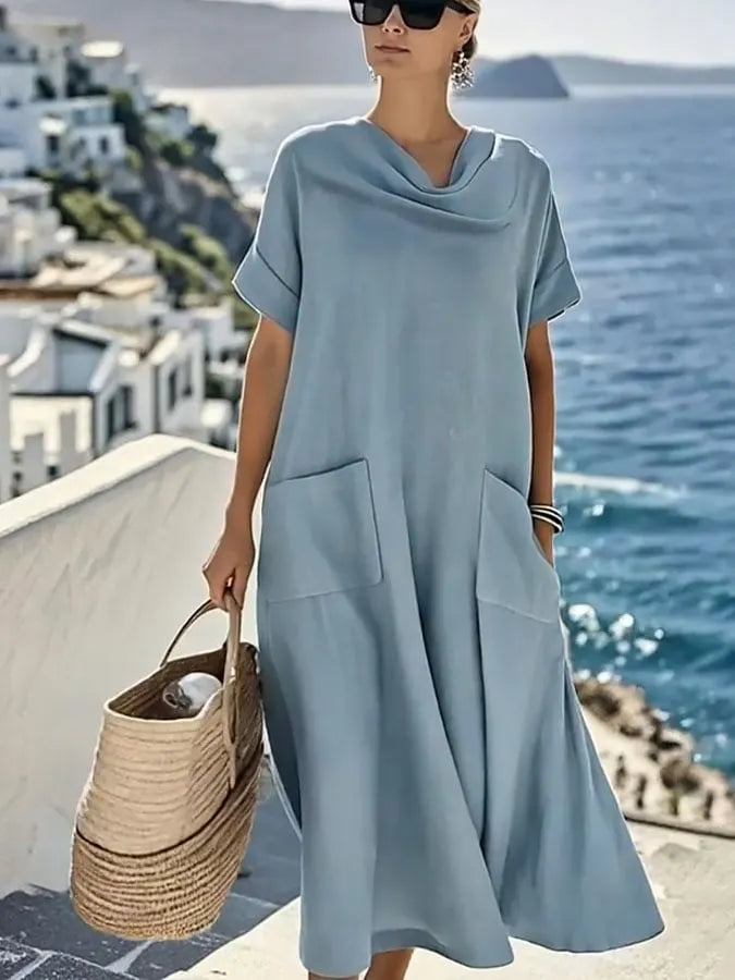Women'S Solid Color Short-Sleeved Loose Cotton And Linen Dress
