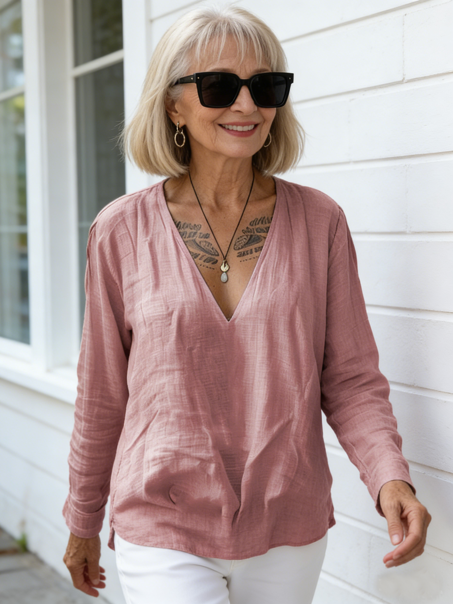Cotton and Linen Casual V-neck Long-sleeved Loose Pullover Net Color Multi-color Women's Top