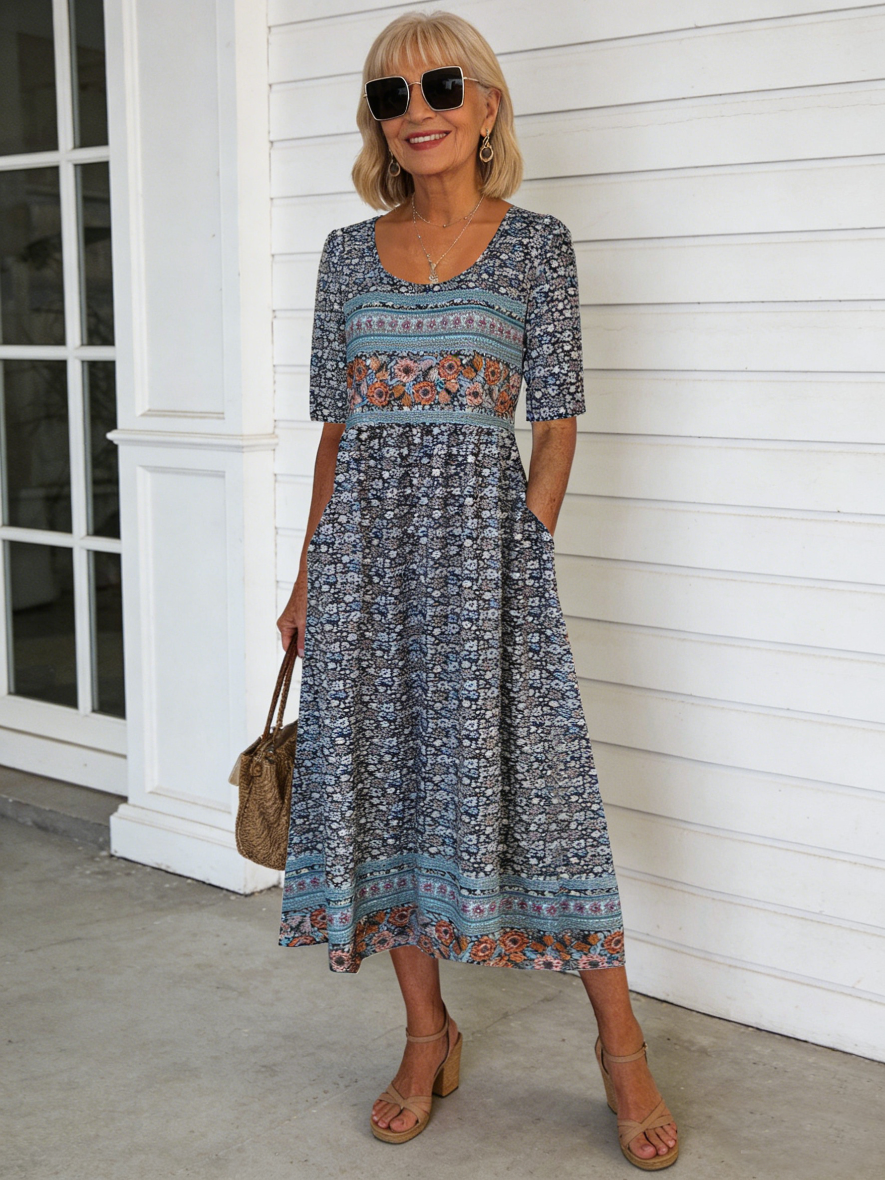 Flower Print Half Sleeve V-Neck Tunic Dress