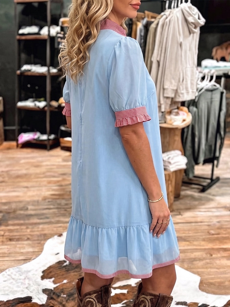 Vintage Art Comfortable Summer Fabrics Patchwork Stripes Casual Dress