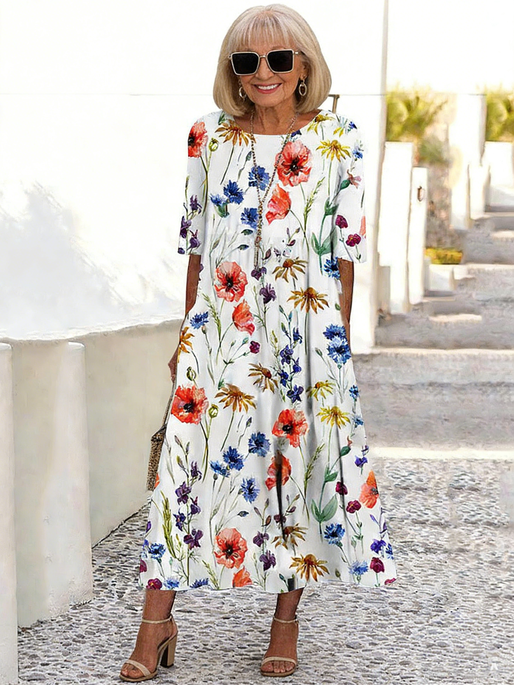 Women's Short Sleeve Scoop Neck Floral Printed Midi Dress With Pockets