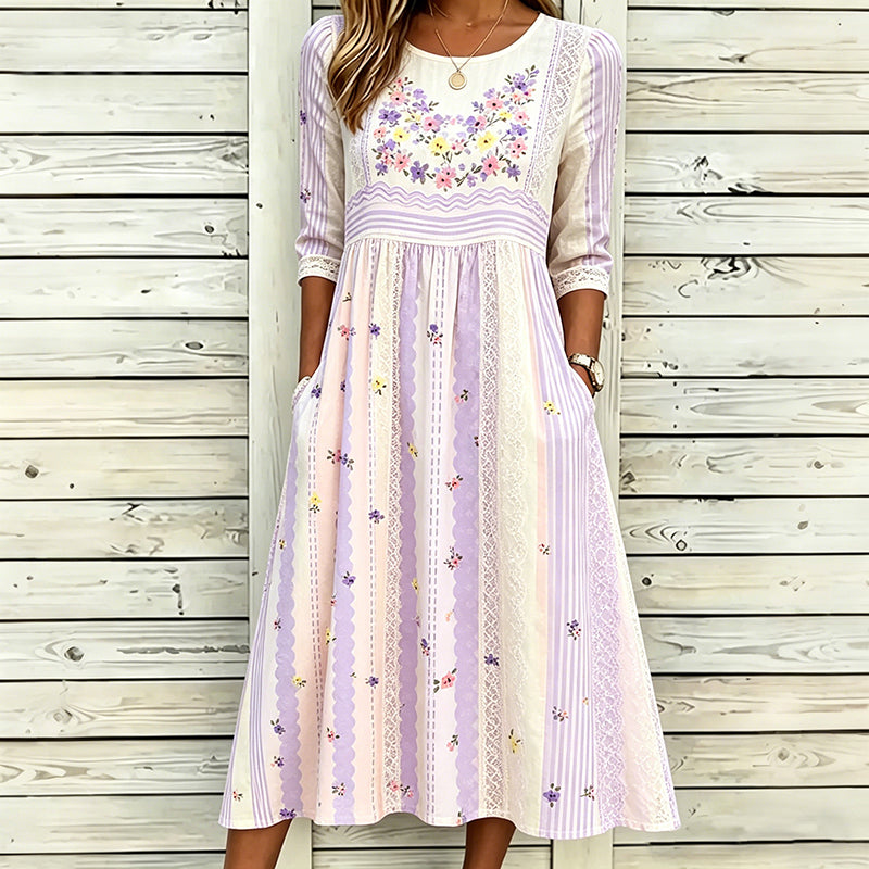 Women's Floral Striped Lace Embroidery Casual Cotton Linen Long Dress
