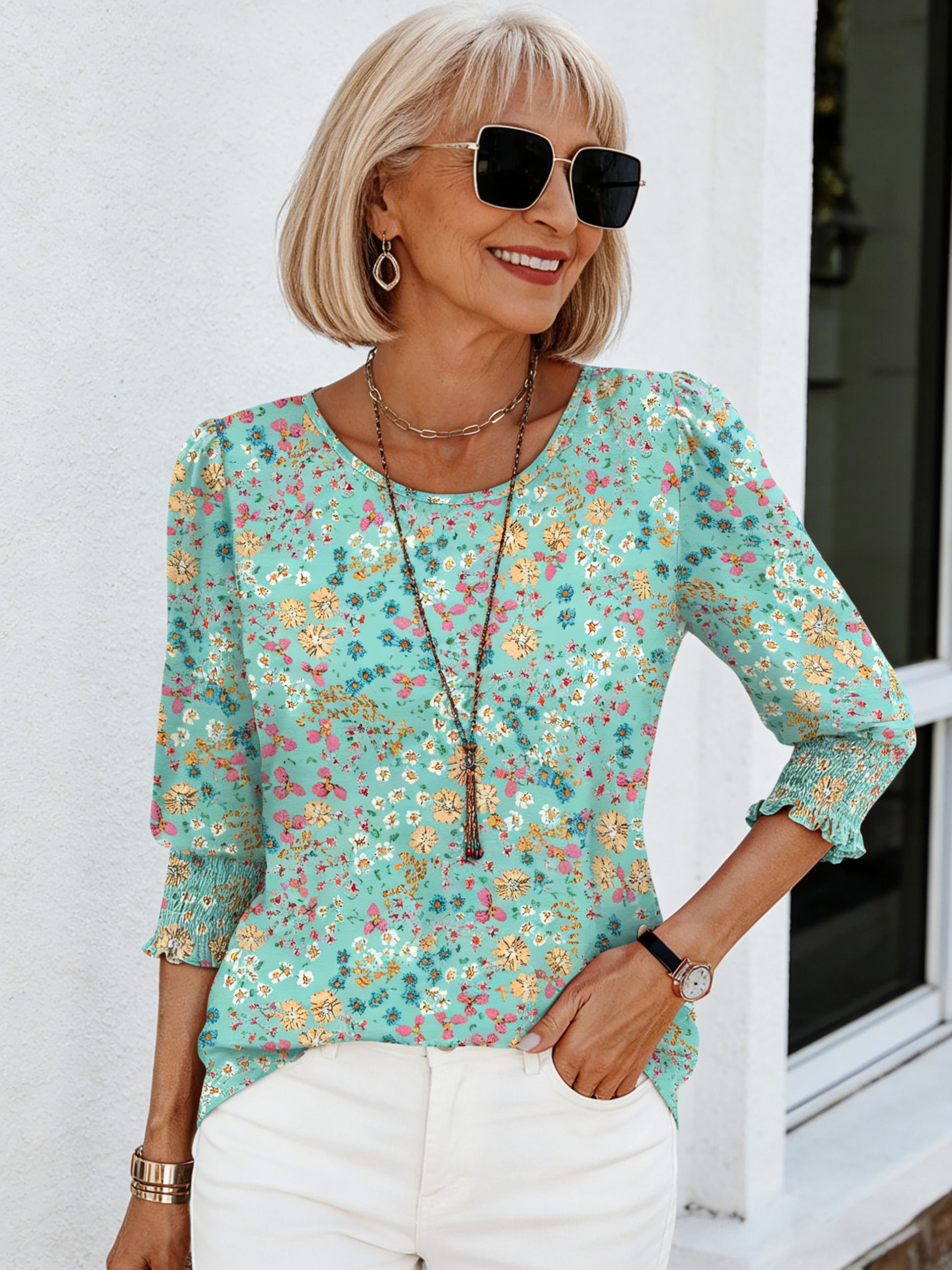 Seven-quarter-sleeved V-neck Printed Loose Casual T-shirt Top