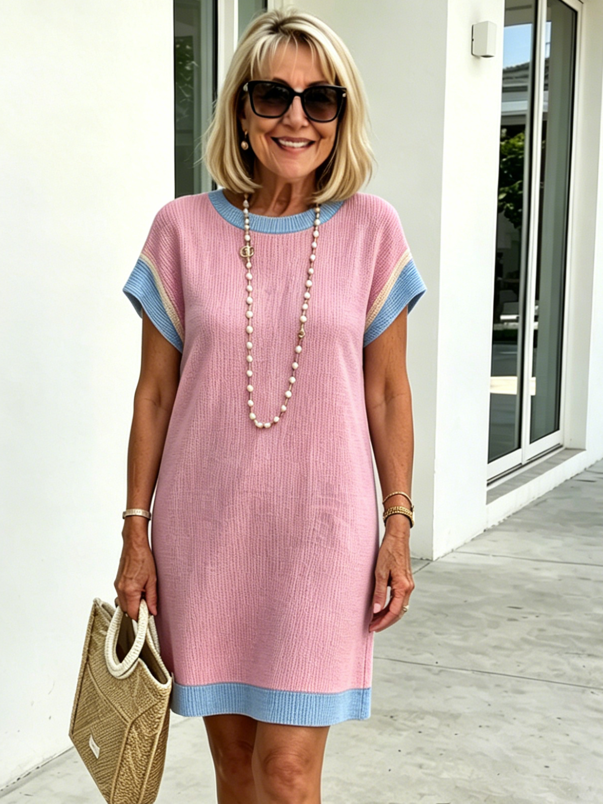 Textured Fabric Casual Contrast Twist Strip Short Sleeve Pocket Dress