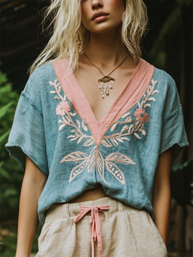 Women's Vintage Floral Blue And Pink Embroidery V Neck Casual Linen Top