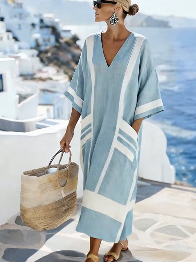 Women'S Casual Color-Block Cotton And Linen Dress