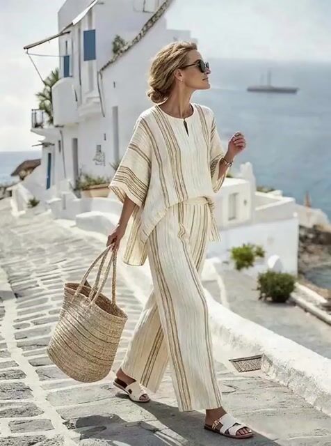 Women'S Casual Striped Color-Block Wide-Leg Pants Set