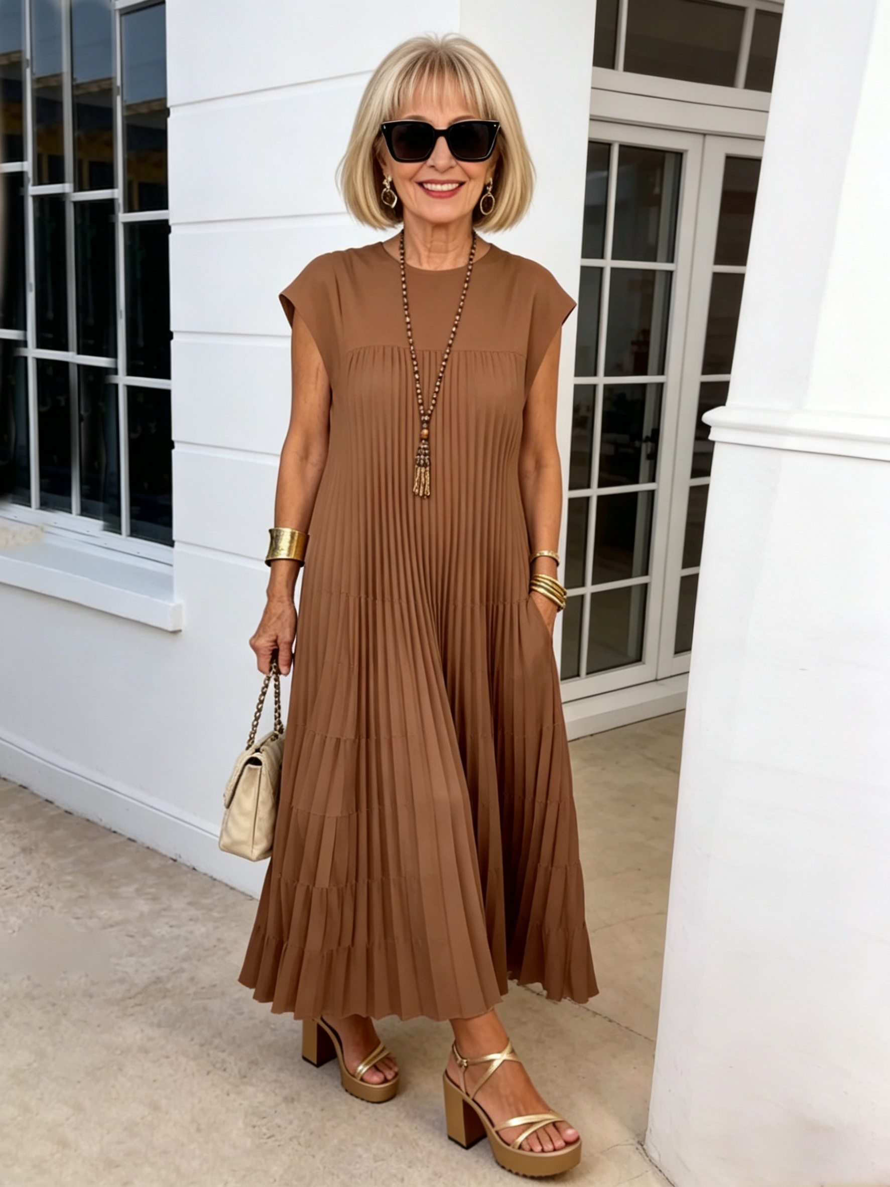 Elastic Dress Women's Elegant Fashion Crew Neck Sleeveless Pleated Long Dress