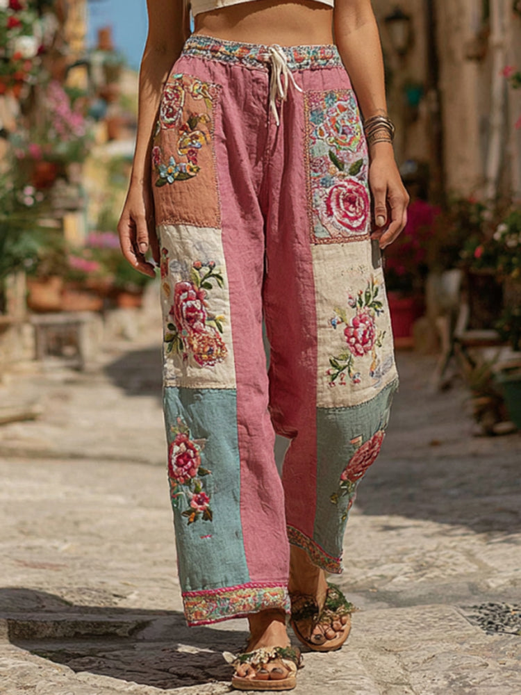 Classic Retro Rose And Floral Patchwork Art Linen Pants