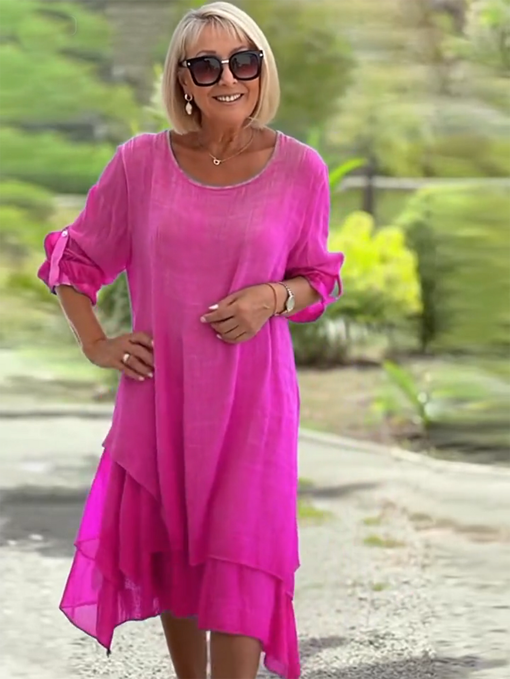 Casual Round Neck Long sleeved Double layered Elegant Solid Color Dress