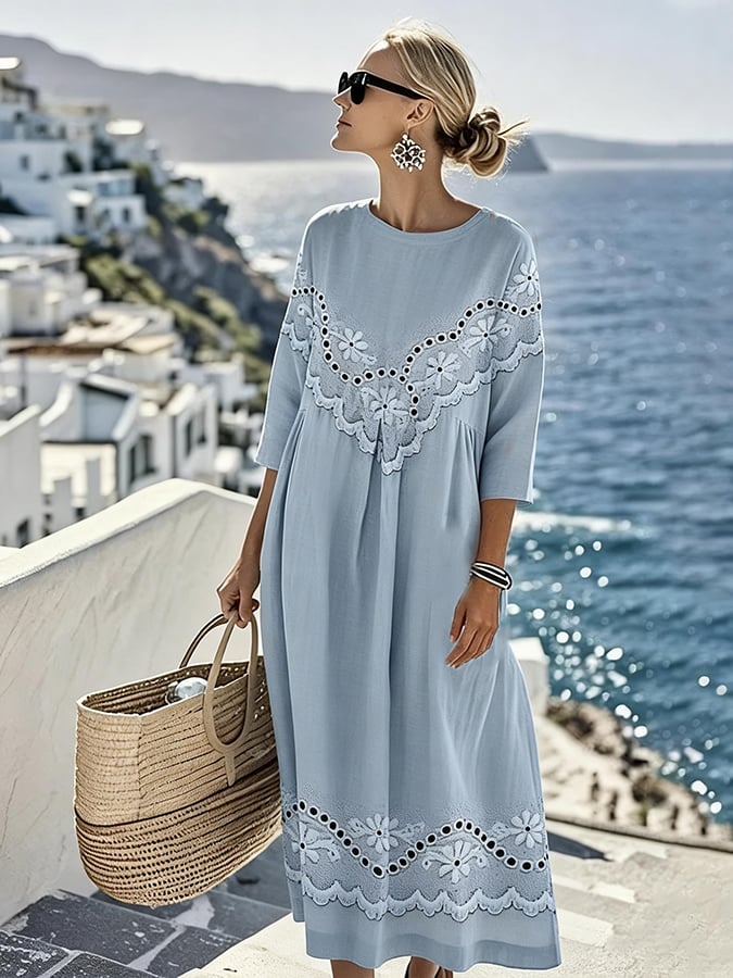 Women'S Casual Color-Block Cotton And Linen Dress
