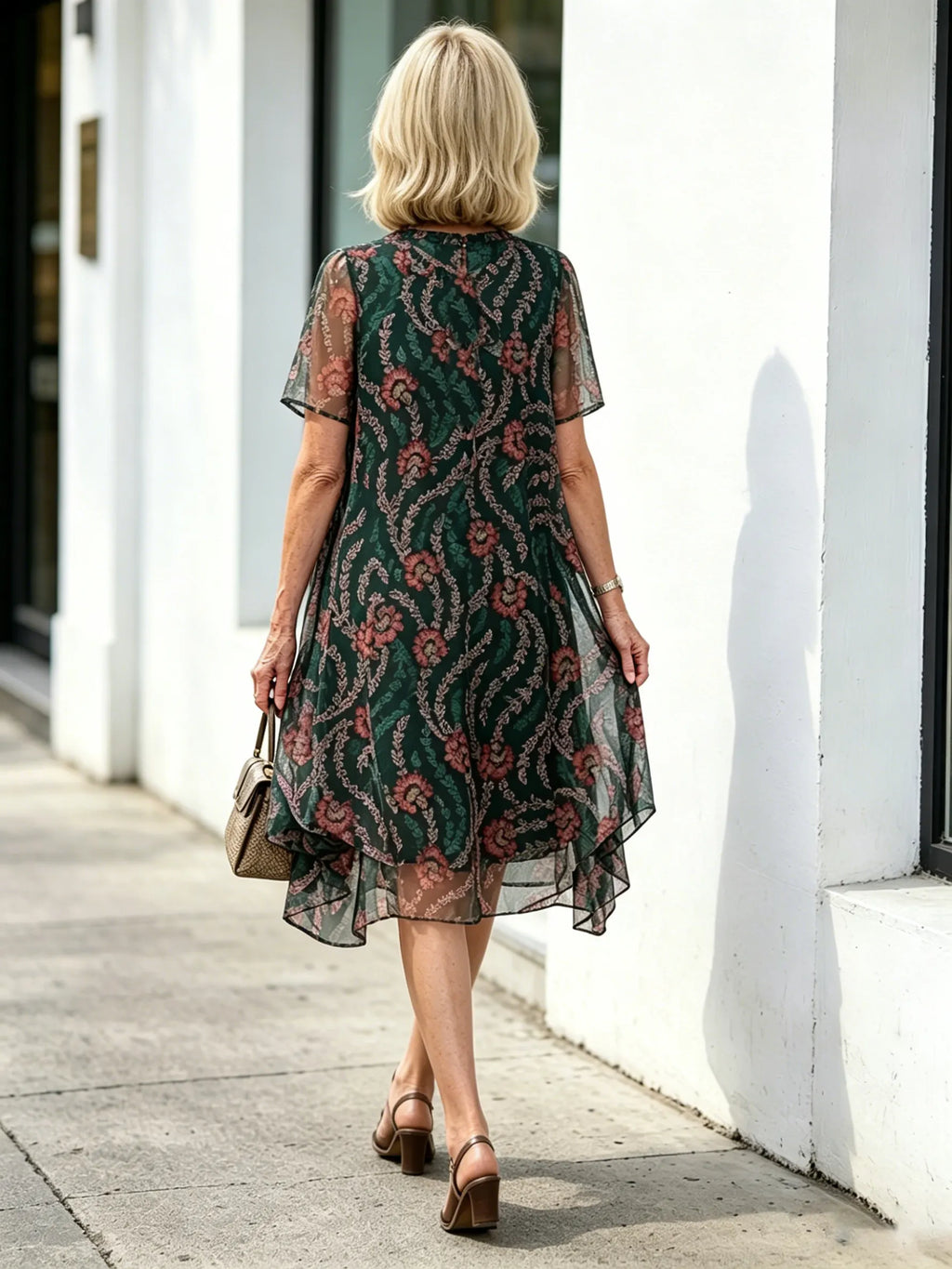 Dark Green Floral Print Mesh Midi Dress, Tie Neck Short Sleeve Loose Tummy Concealing Elegant Dress for Mature Women