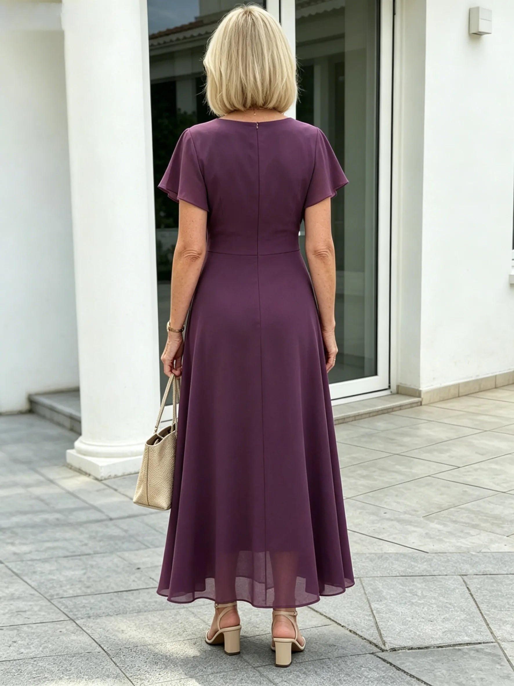 Black Ruffle Cape Sleeve Chiffon Maxi Dress, Round Neck Waist Defined Flowy Big Swing Hem Elegant Formal Dress
