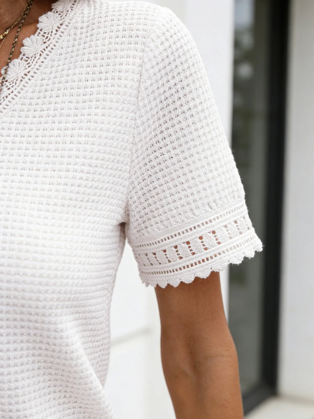 Textured Fabric V-Neck Casual Waffle Grace Lace Stitching Short Sleeve Top T